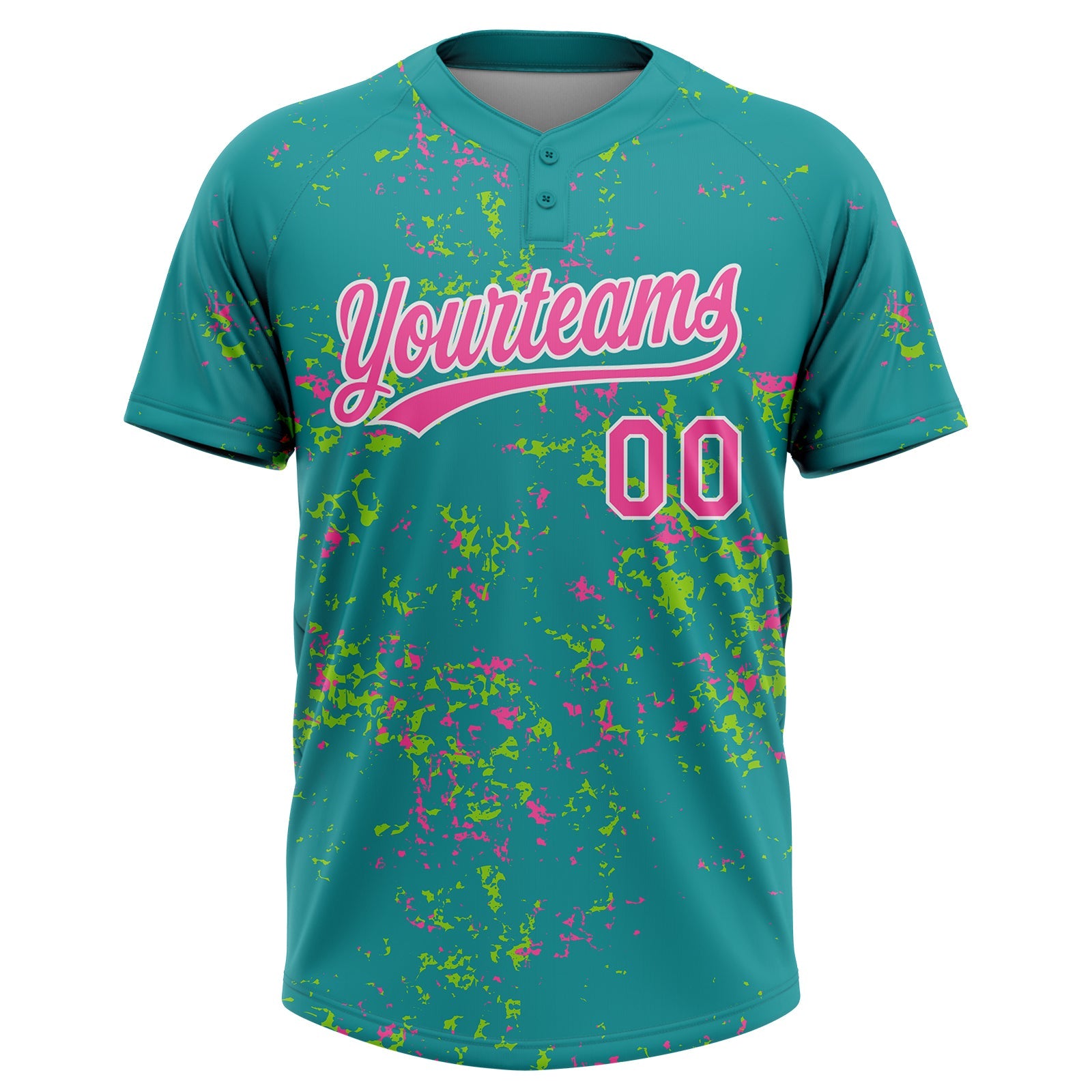 Custom Teal Pink Neon Green-White Abstract Shattered Paint Splatter Two-Button Unisex Softball Jersey view 2