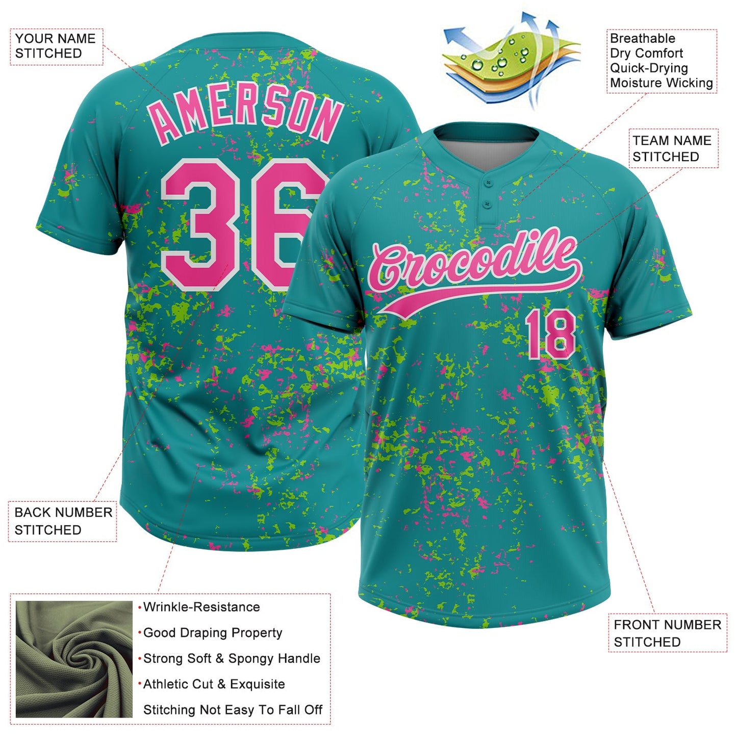 Custom Teal Pink Neon Green-White Abstract Shattered Paint Splatter Two-Button Unisex Softball Jersey view 3