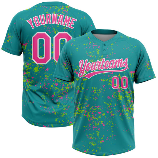 Custom Teal Pink Neon Green-White Abstract Shattered Paint Splatter Two-Button Unisex Softball Jersey - Main View