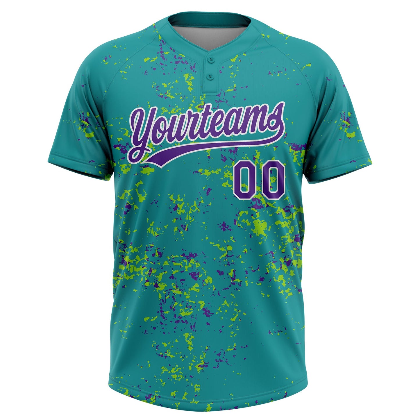 Custom Teal Purple Neon Green-White Abstract Shattered Paint Splatter Two-Button Unisex Softball Jersey view 2