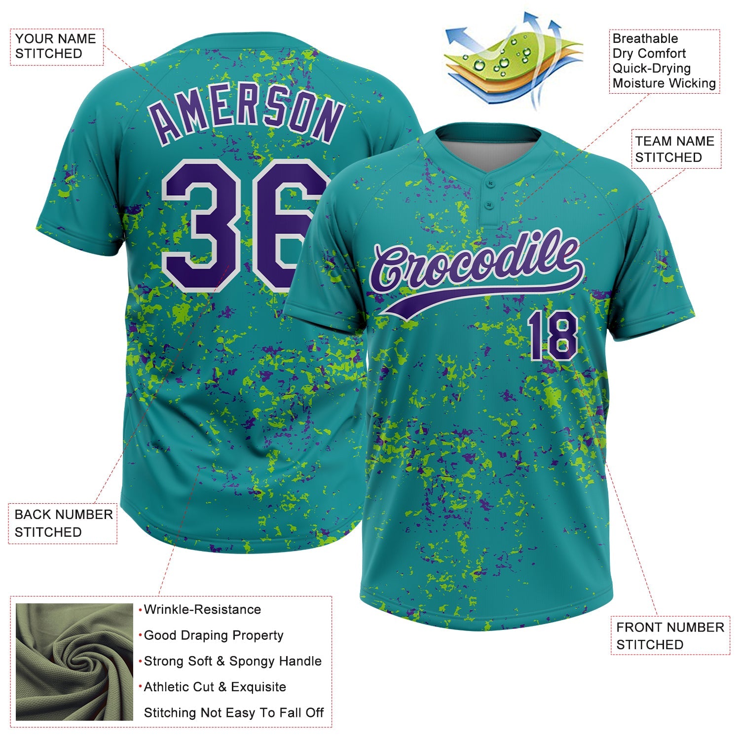 Custom Teal Purple Neon Green-White Abstract Shattered Paint Splatter Two-Button Unisex Softball Jersey view 3