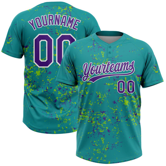 Custom Teal Purple Neon Green-White Abstract Shattered Paint Splatter Two-Button Unisex Softball Jersey - Main View