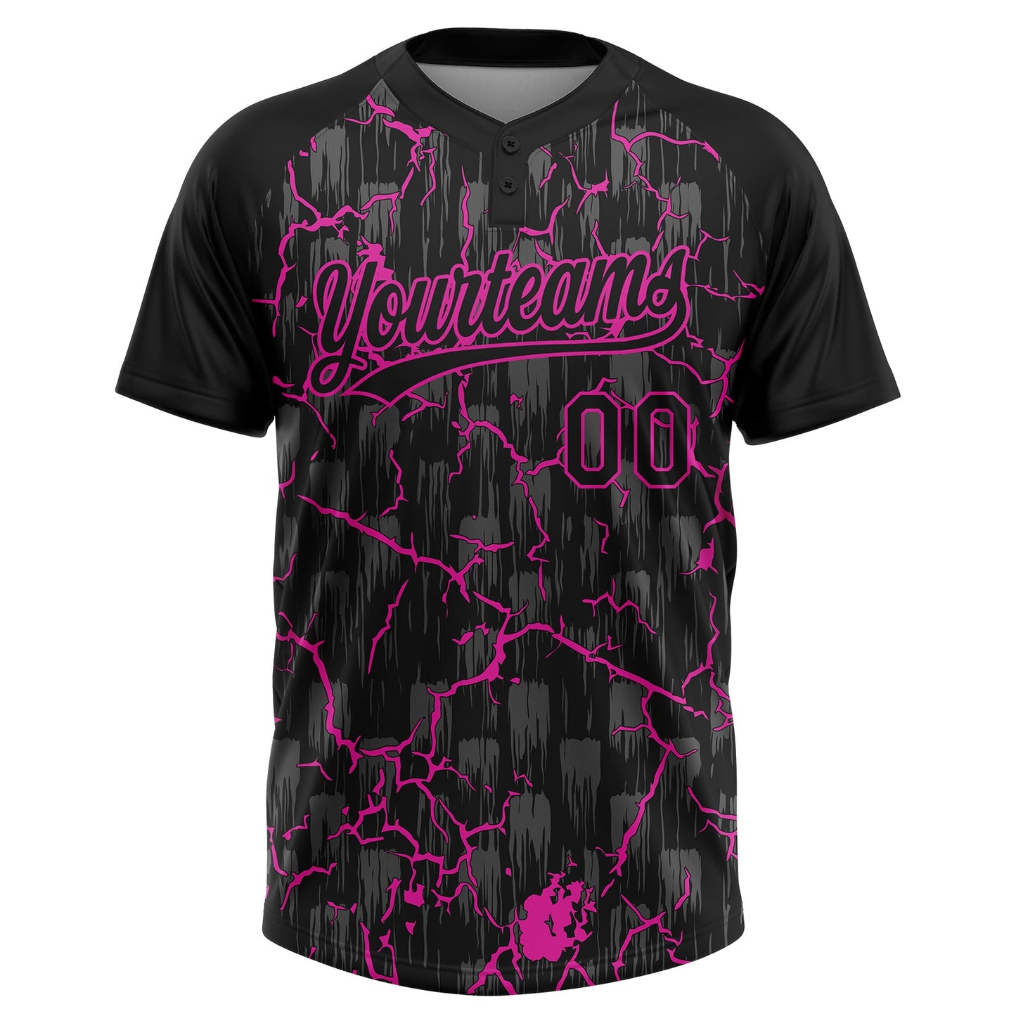 Custom Black Deep Pink-Gray Raglan Sleeves Neon Lightning Crackle Two-Button Unisex Softball Jersey view 2