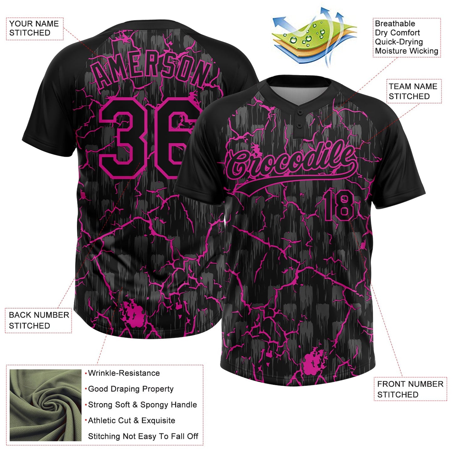 Custom Black Deep Pink-Gray Raglan Sleeves Neon Lightning Crackle Two-Button Unisex Softball Jersey view 3
