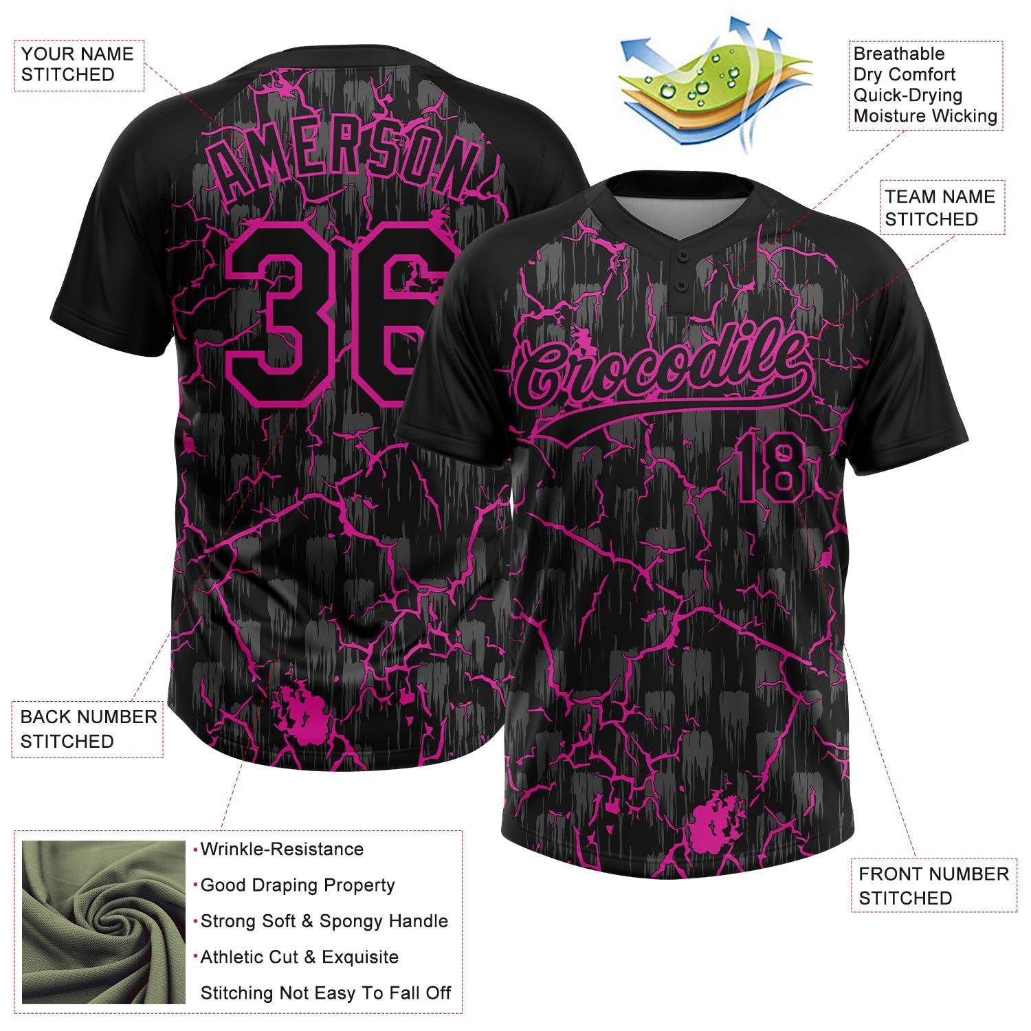 Custom Black Deep Pink-Gray Raglan Sleeves Neon Lightning Crackle Two-Button Unisex Softball Jersey view 3