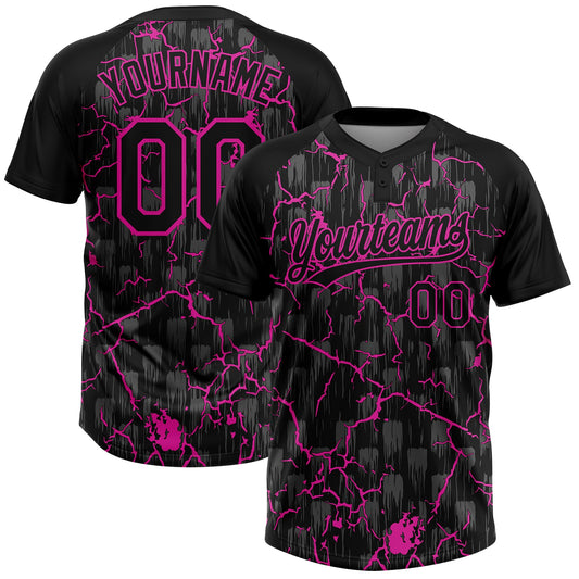 Custom Black Deep Pink-Gray Raglan Sleeves Neon Lightning Crackle Two-Button Unisex Softball Jersey - Main View