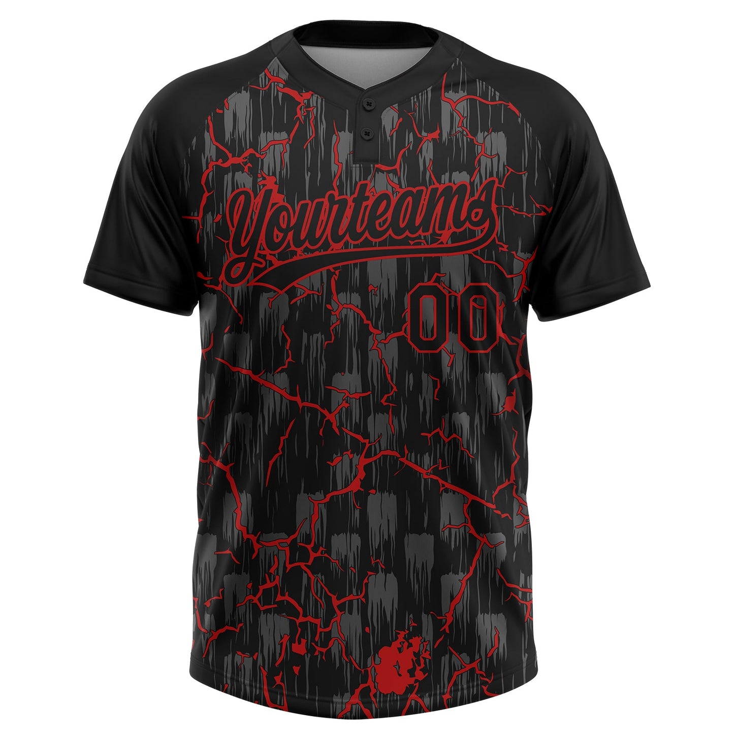 Custom Black Red-Gray Raglan Sleeves Neon Lightning Crackle Two-Button Unisex Softball Jersey view 2