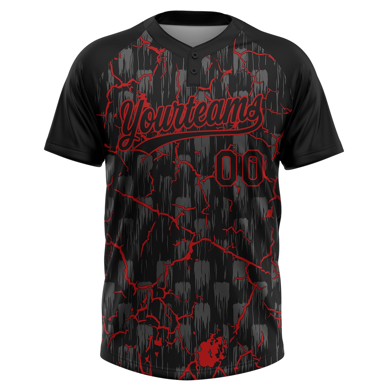 Custom Black Red-Gray Raglan Sleeves Neon Lightning Crackle Two-Button Unisex Softball Jersey view 2