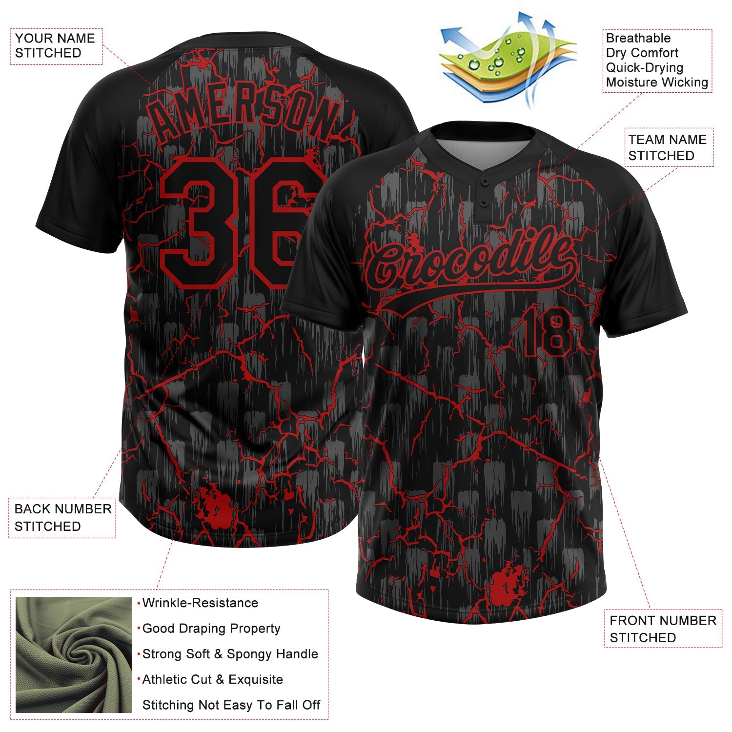 Custom Black Red-Gray Raglan Sleeves Neon Lightning Crackle Two-Button Unisex Softball Jersey view 3