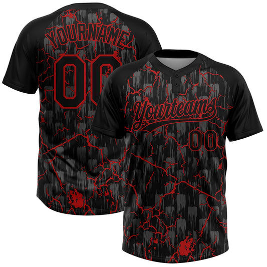 Custom Black Red-Gray Raglan Sleeves Neon Lightning Crackle Two-Button Unisex Softball Jersey - Main View
