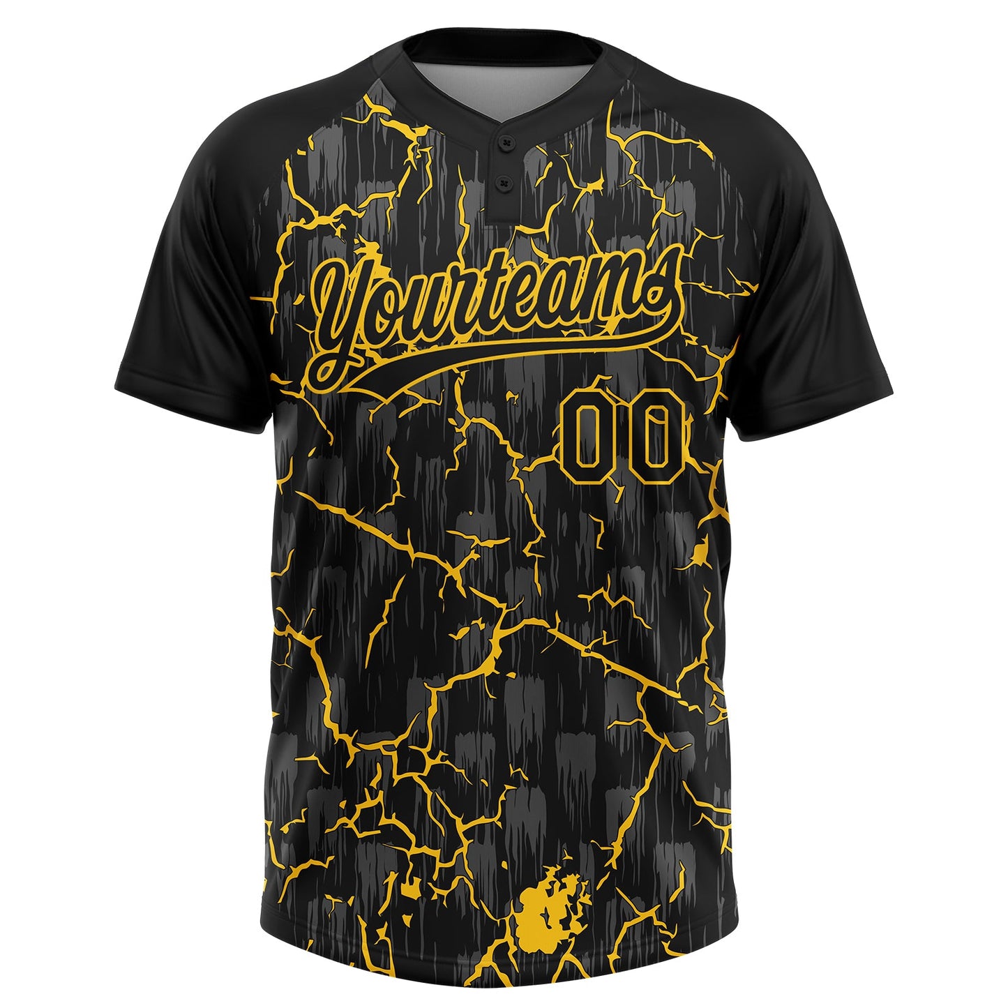 Custom Black Yellow-Gray Raglan Sleeves Neon Lightning Crackle Two-Button Unisex Softball Jersey view 2