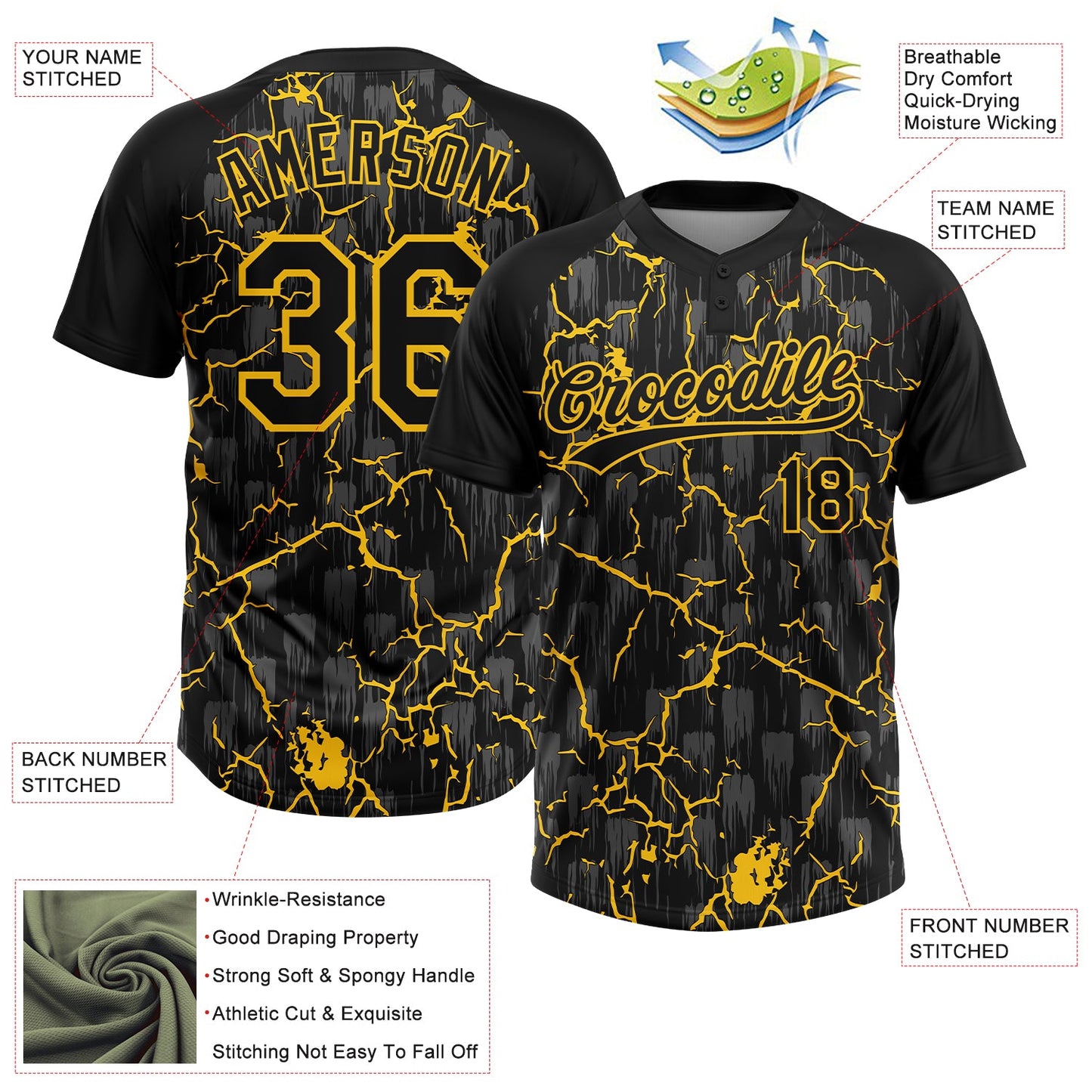 Custom Black Yellow-Gray Raglan Sleeves Neon Lightning Crackle Two-Button Unisex Softball Jersey view 3