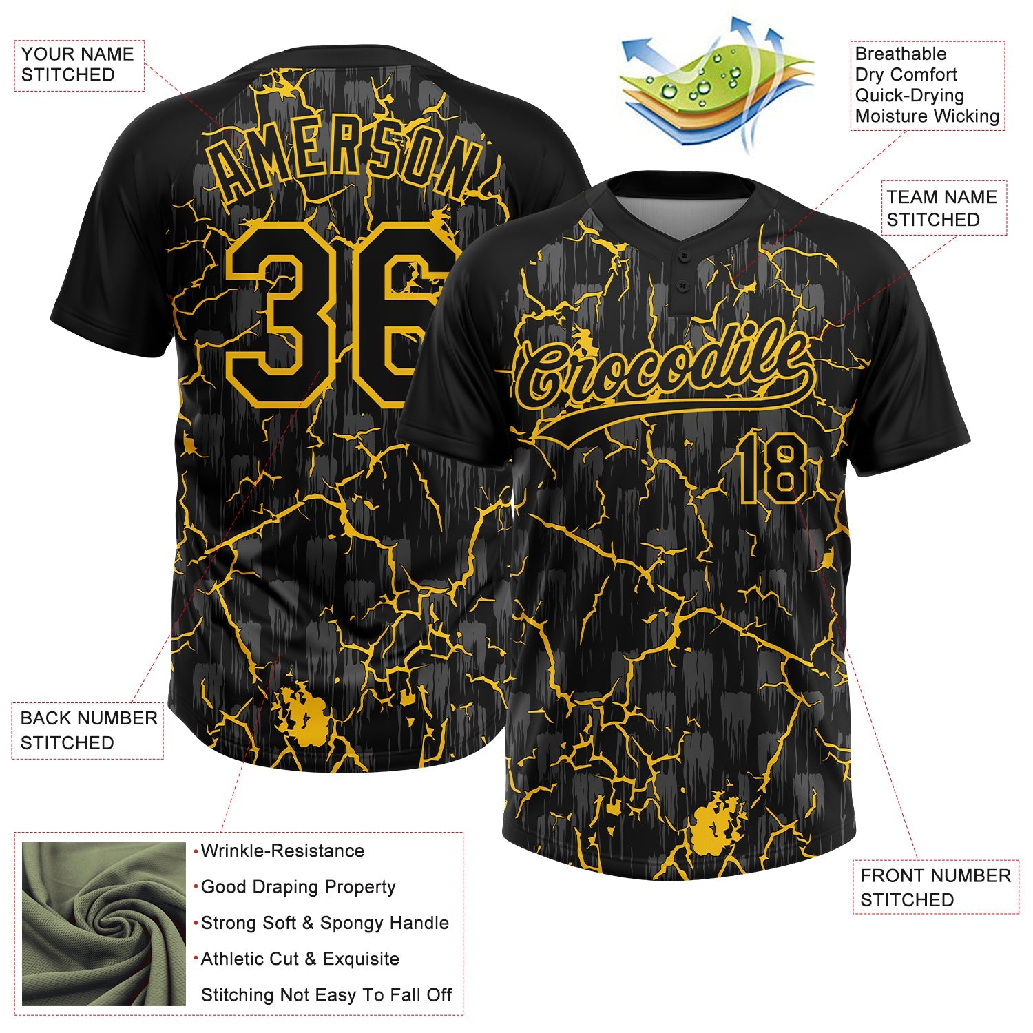 Custom Black Yellow-Gray Raglan Sleeves Neon Lightning Crackle Two-Button Unisex Softball Jersey view 3