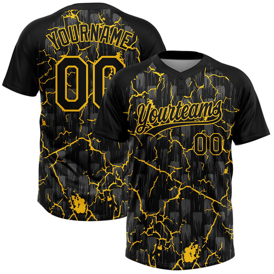 Custom Black Yellow-Gray Raglan Sleeves Neon Lightning Crackle Two-Button Unisex Softball Jersey - Main View