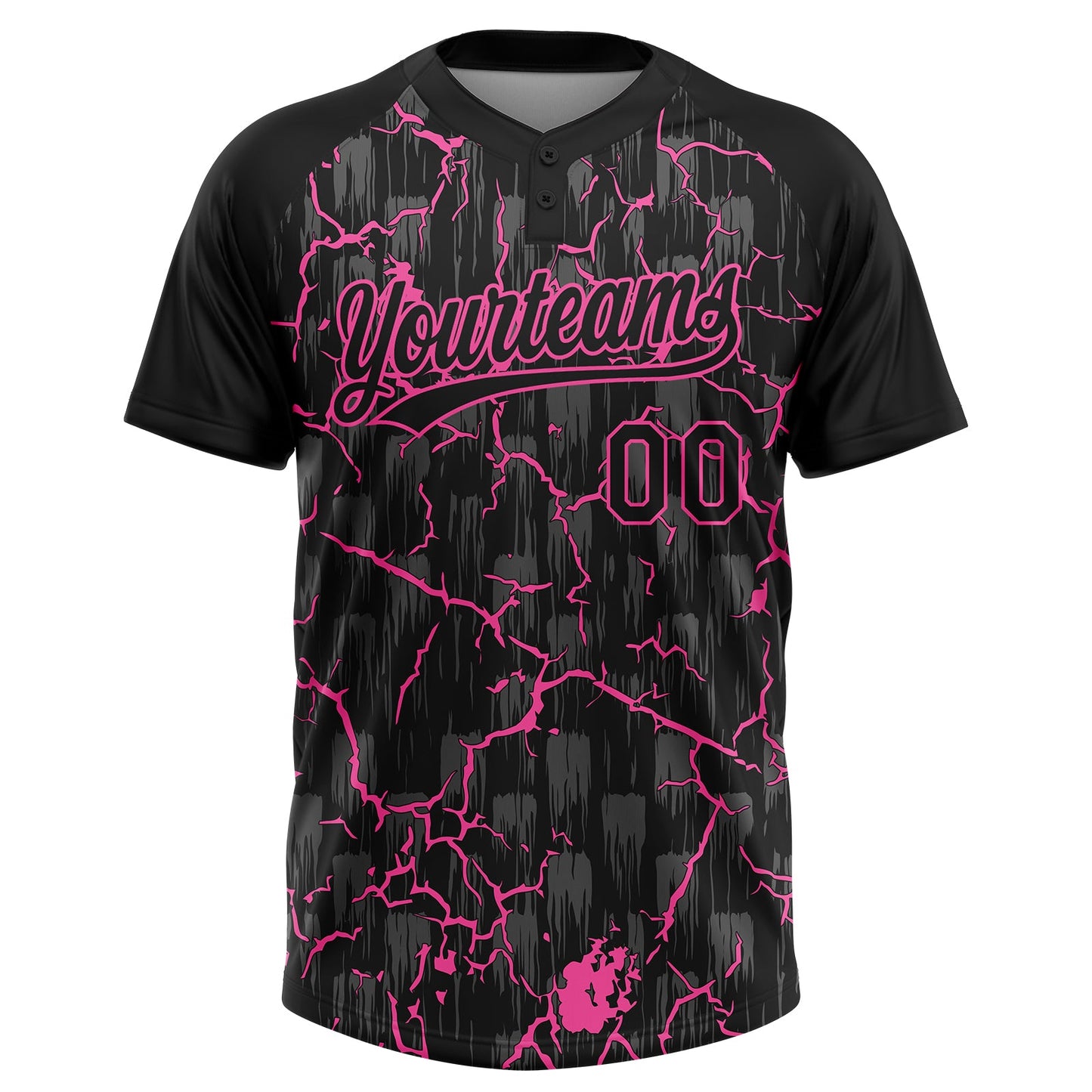 Custom Black Pink-Gray Raglan Sleeves Neon Lightning Crackle Two-Button Unisex Softball Jersey view 2