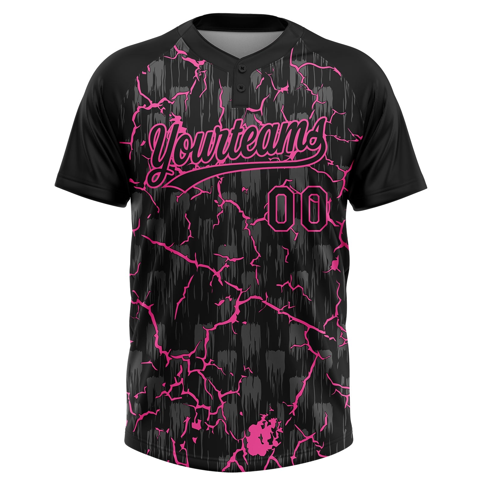 Custom Black Pink-Gray Raglan Sleeves Neon Lightning Crackle Two-Button Unisex Softball Jersey view 2