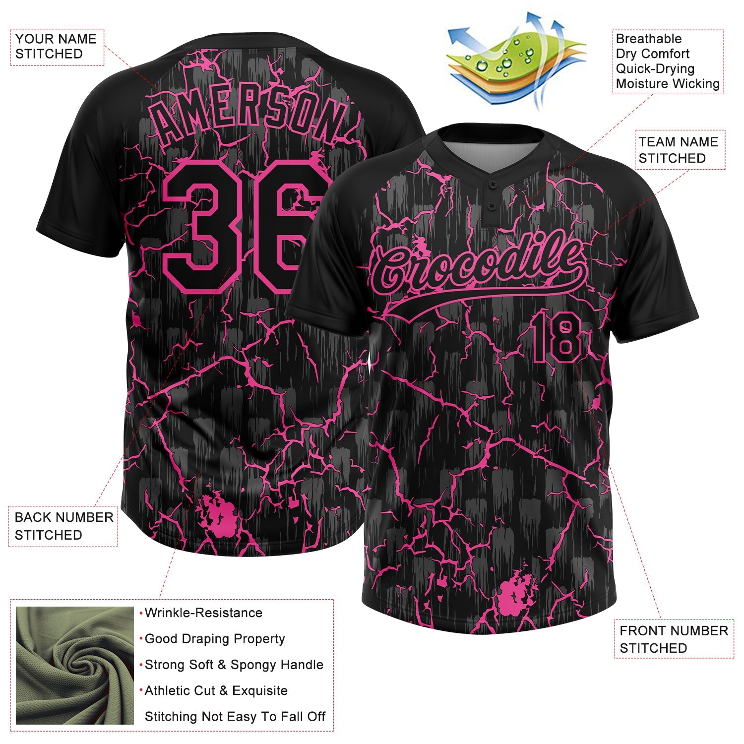 Custom Black Pink-Gray Raglan Sleeves Neon Lightning Crackle Two-Button Unisex Softball Jersey view 3