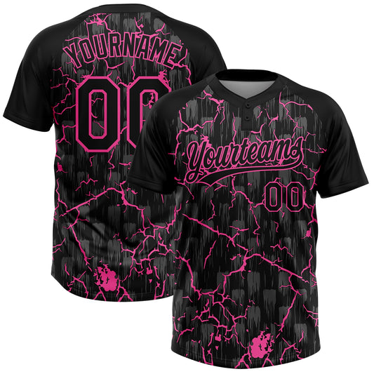Custom Black Pink-Gray Raglan Sleeves Neon Lightning Crackle Two-Button Unisex Softball Jersey - Main View