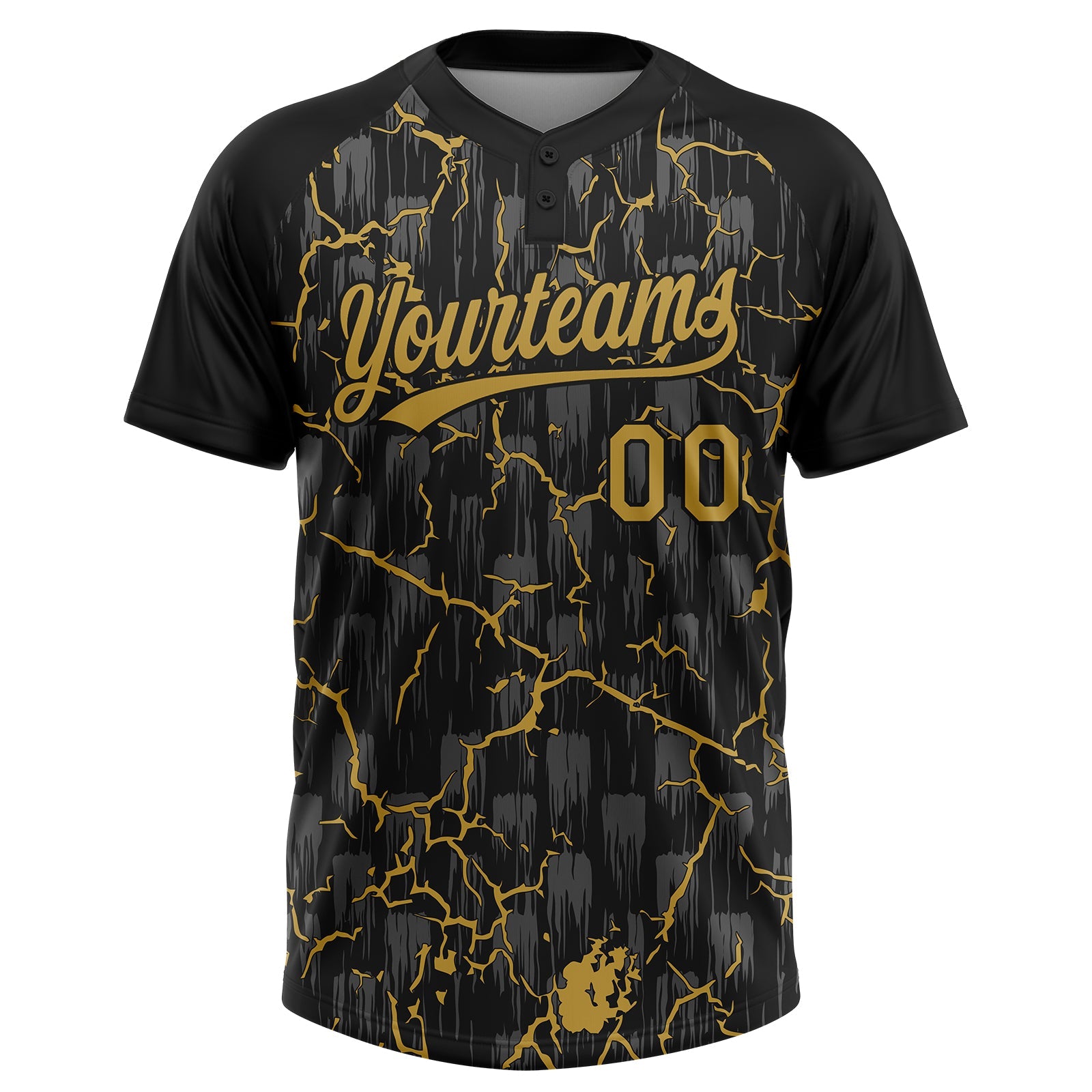 Custom Black Old Gold-Gray Raglan Sleeves Neon Lightning Crackle Two-Button Unisex Softball Jersey view 2