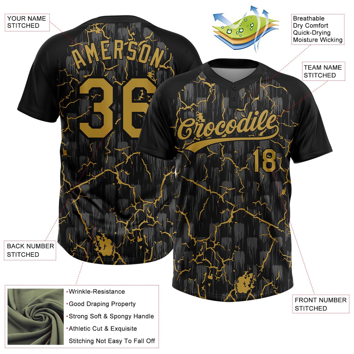 Custom Black Old Gold-Gray Raglan Sleeves Neon Lightning Crackle Two-Button Unisex Softball Jersey view 3