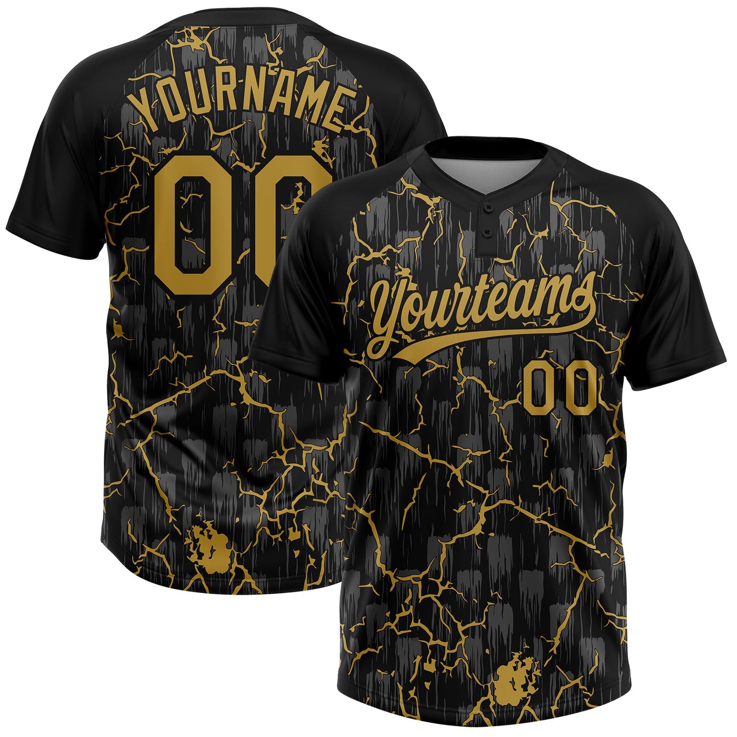 Custom Black Old Gold-Gray Raglan Sleeves Neon Lightning Crackle Two-Button Unisex Softball Jersey - Main View