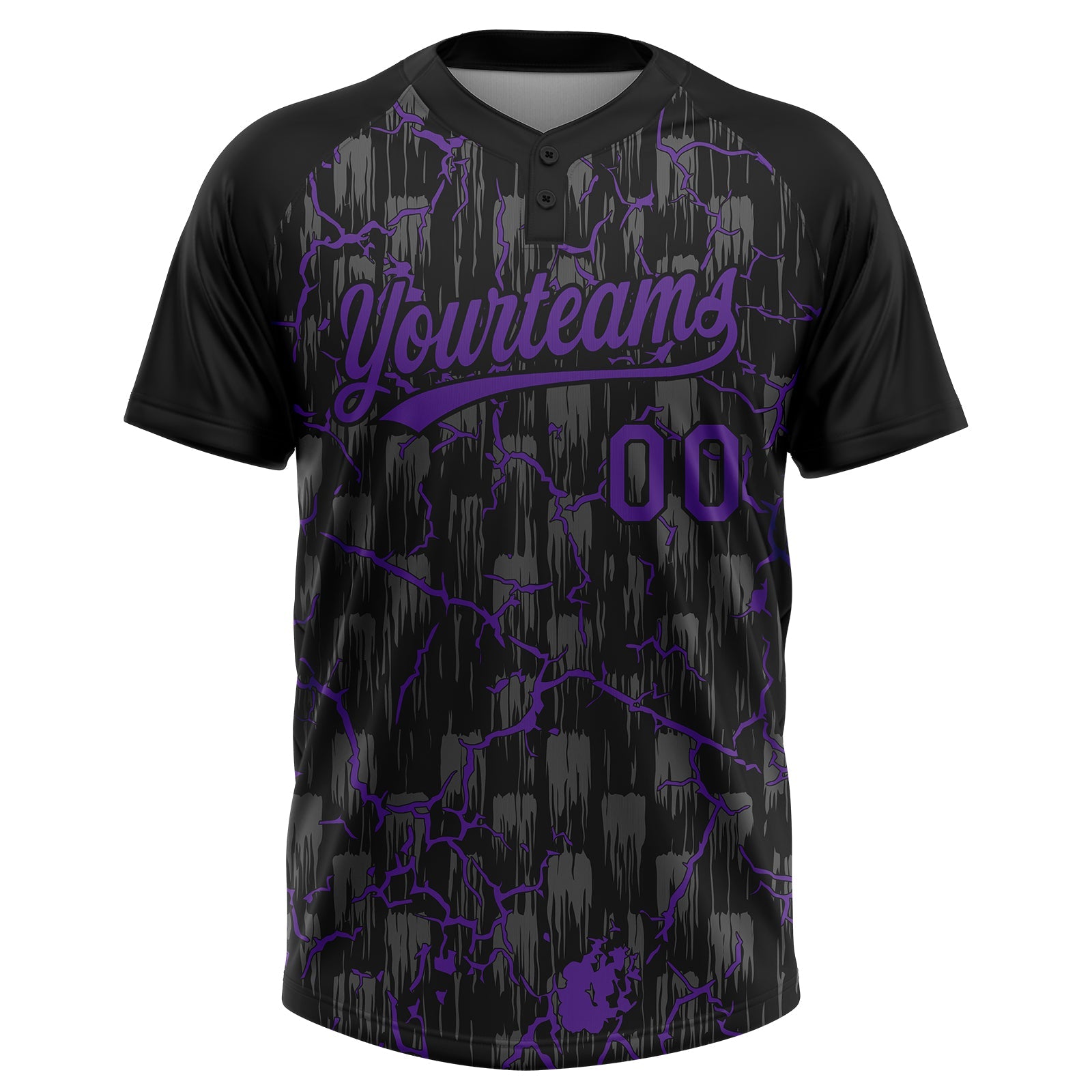 Custom Black Purple-Gray Raglan Sleeves Neon Lightning Crackle Two-Button Unisex Softball Jersey view 2