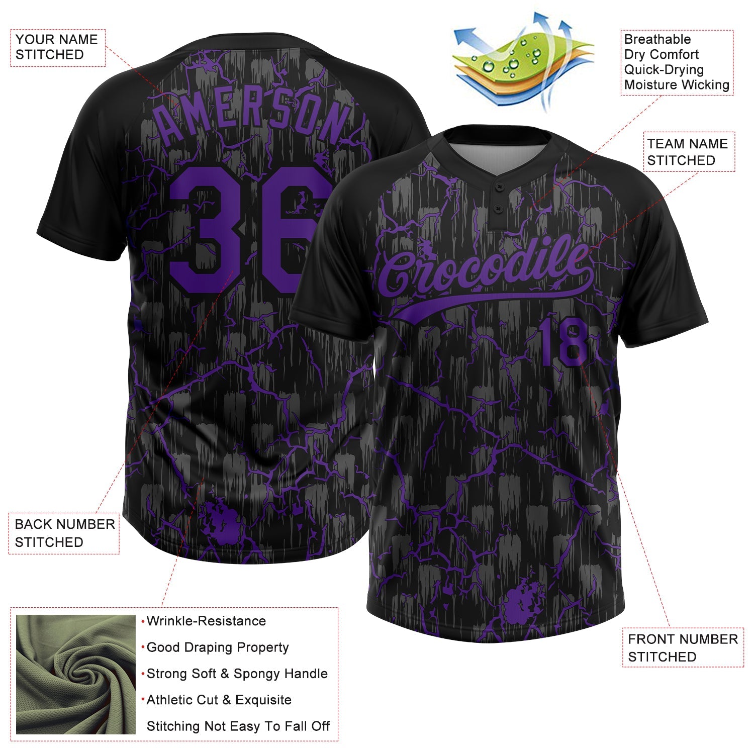 Custom Black Purple-Gray Raglan Sleeves Neon Lightning Crackle Two-Button Unisex Softball Jersey view 3