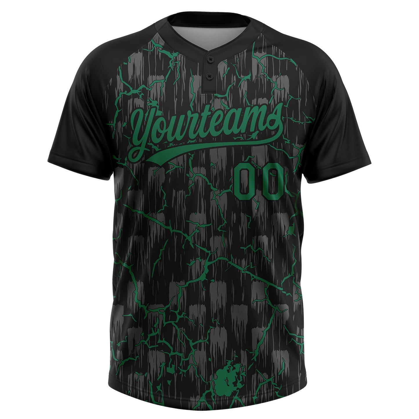 Custom Black Kelly Green-Gray Raglan Sleeves Neon Lightning Crackle Two-Button Unisex Softball Jersey view 2