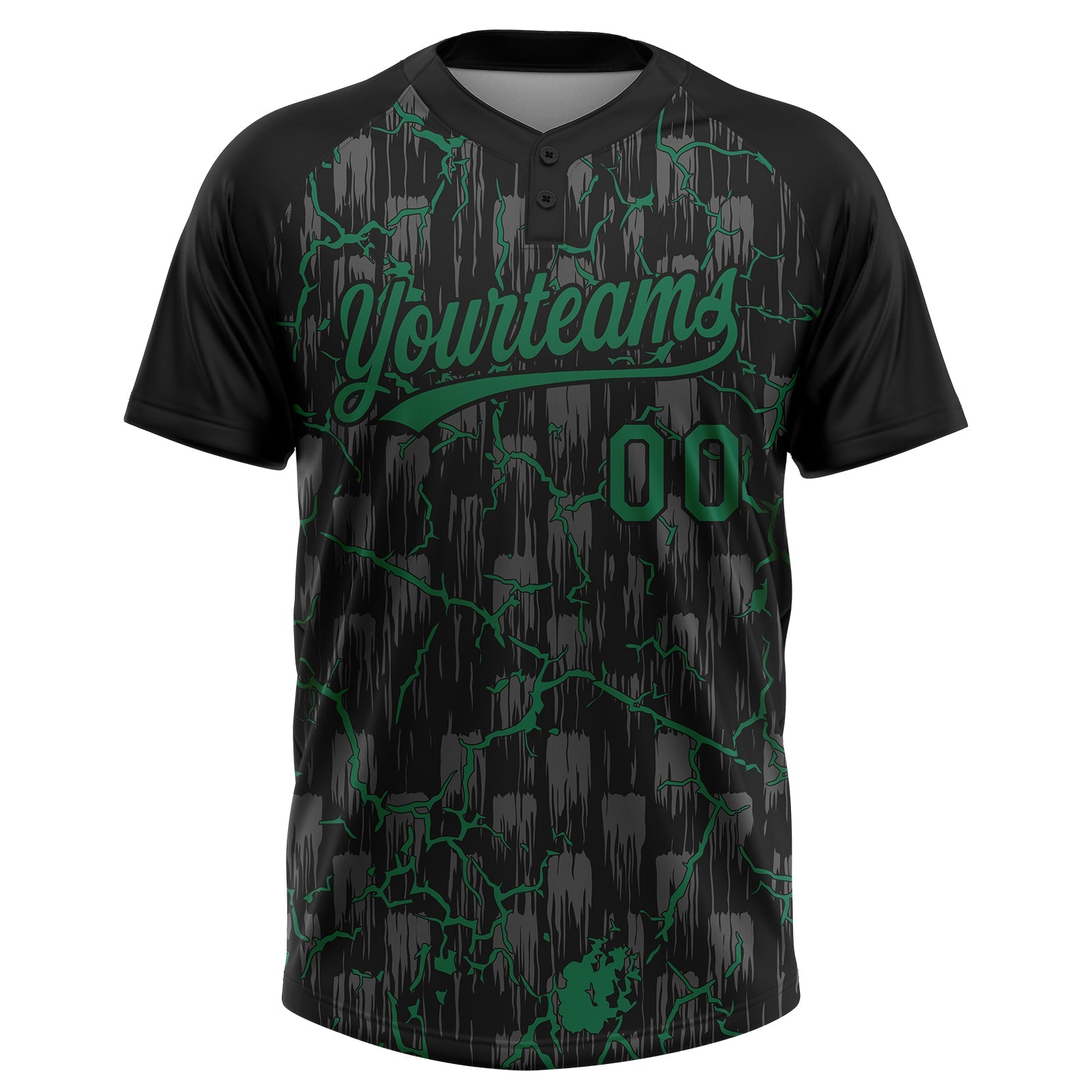 Custom Black Kelly Green-Gray Raglan Sleeves Neon Lightning Crackle Two-Button Unisex Softball Jersey view 2