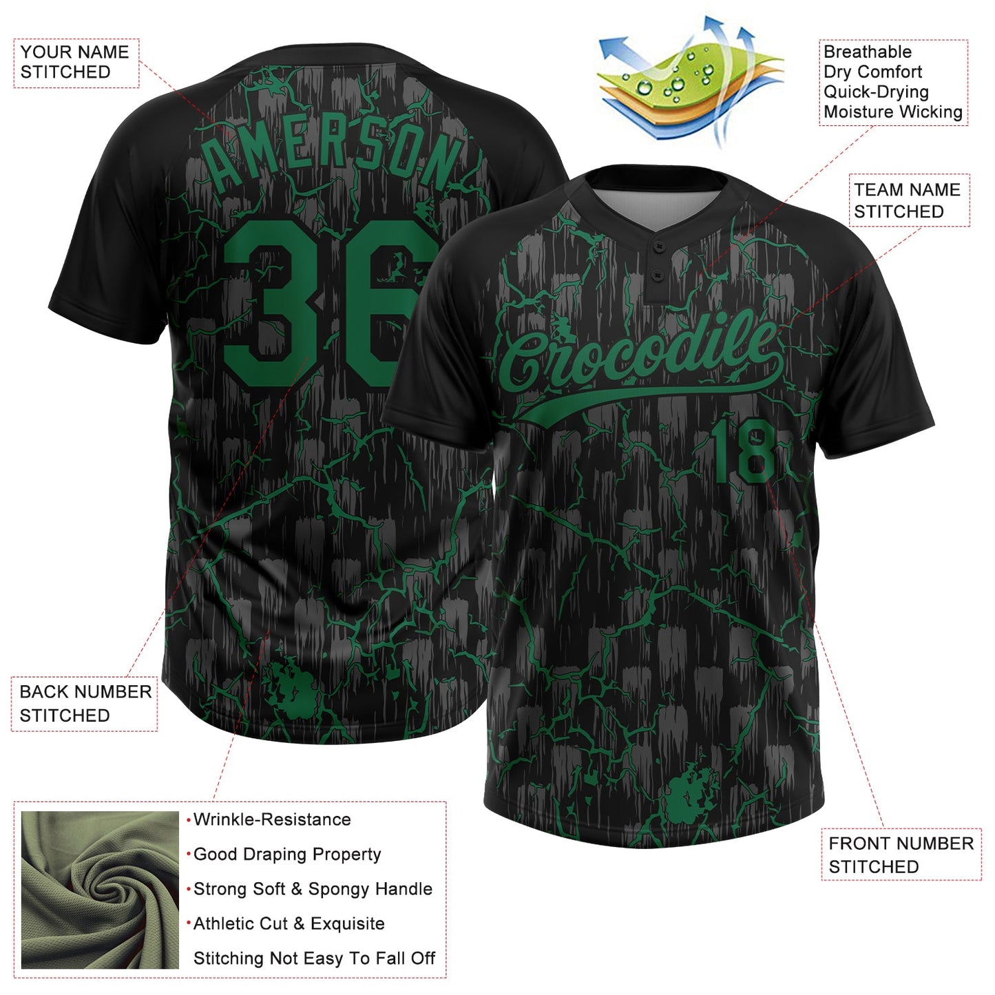 Custom Black Kelly Green-Gray Raglan Sleeves Neon Lightning Crackle Two-Button Unisex Softball Jersey view 3