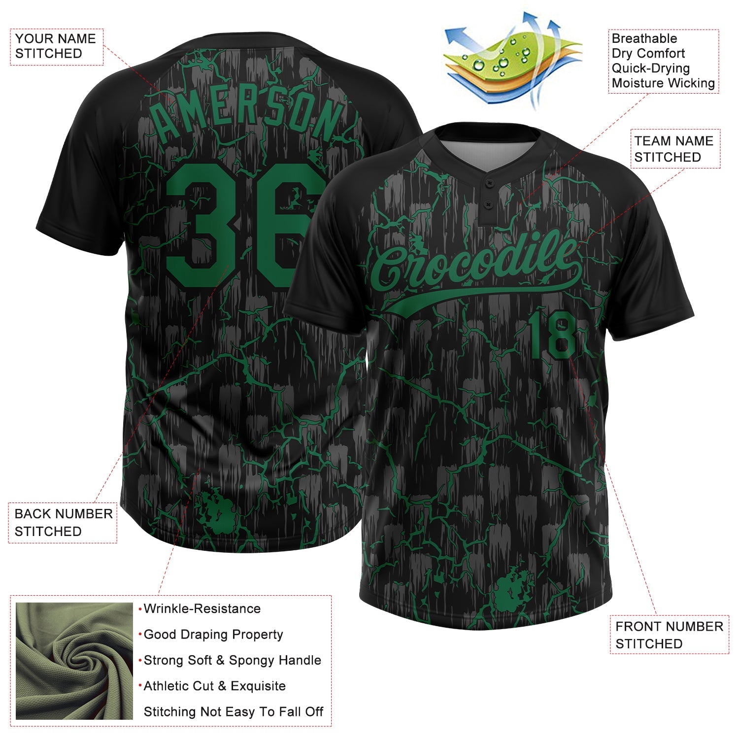 Custom Black Kelly Green-Gray Raglan Sleeves Neon Lightning Crackle Two-Button Unisex Softball Jersey view 3