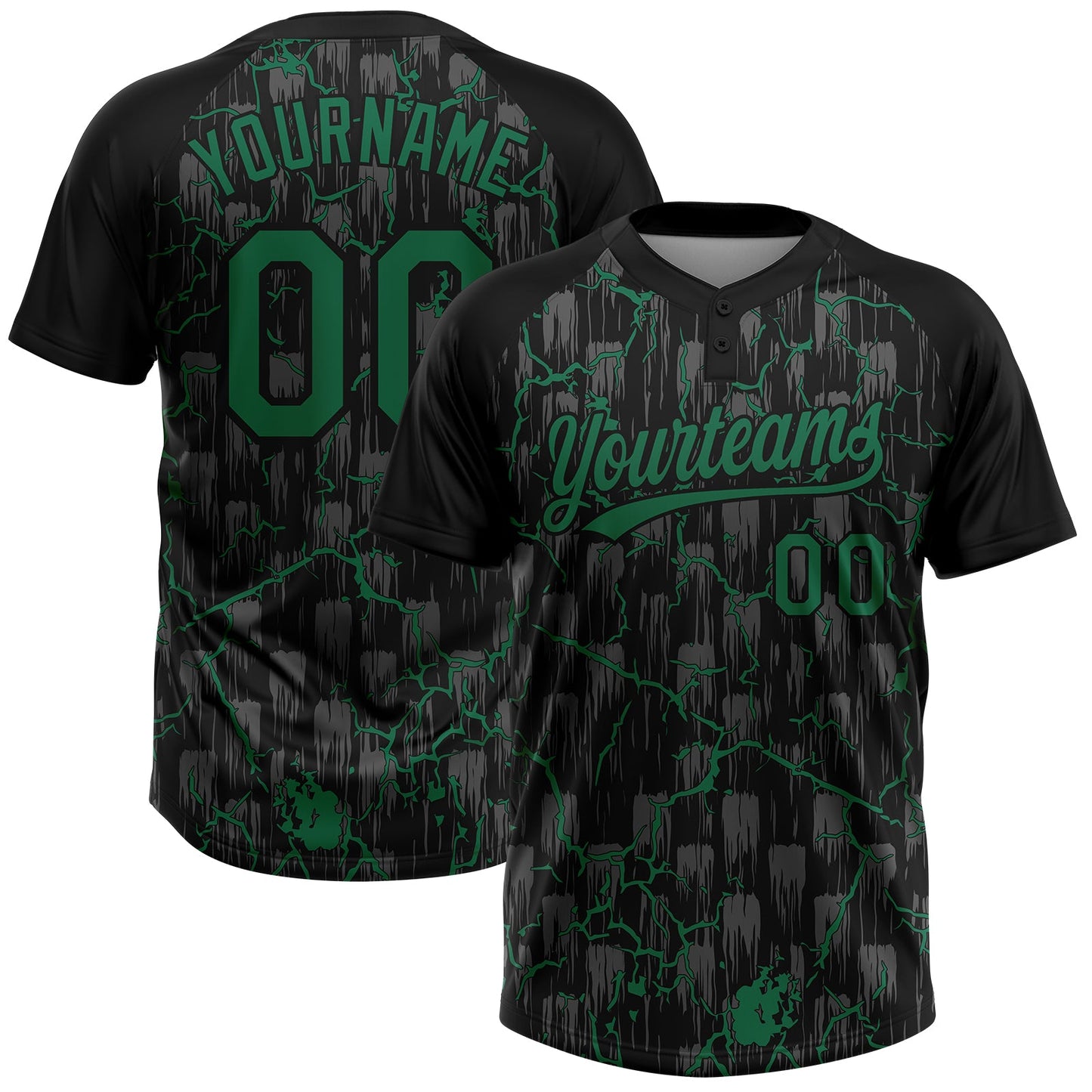 Custom Black Kelly Green-Gray Raglan Sleeves Neon Lightning Crackle Two-Button Unisex Softball Jersey - Main View