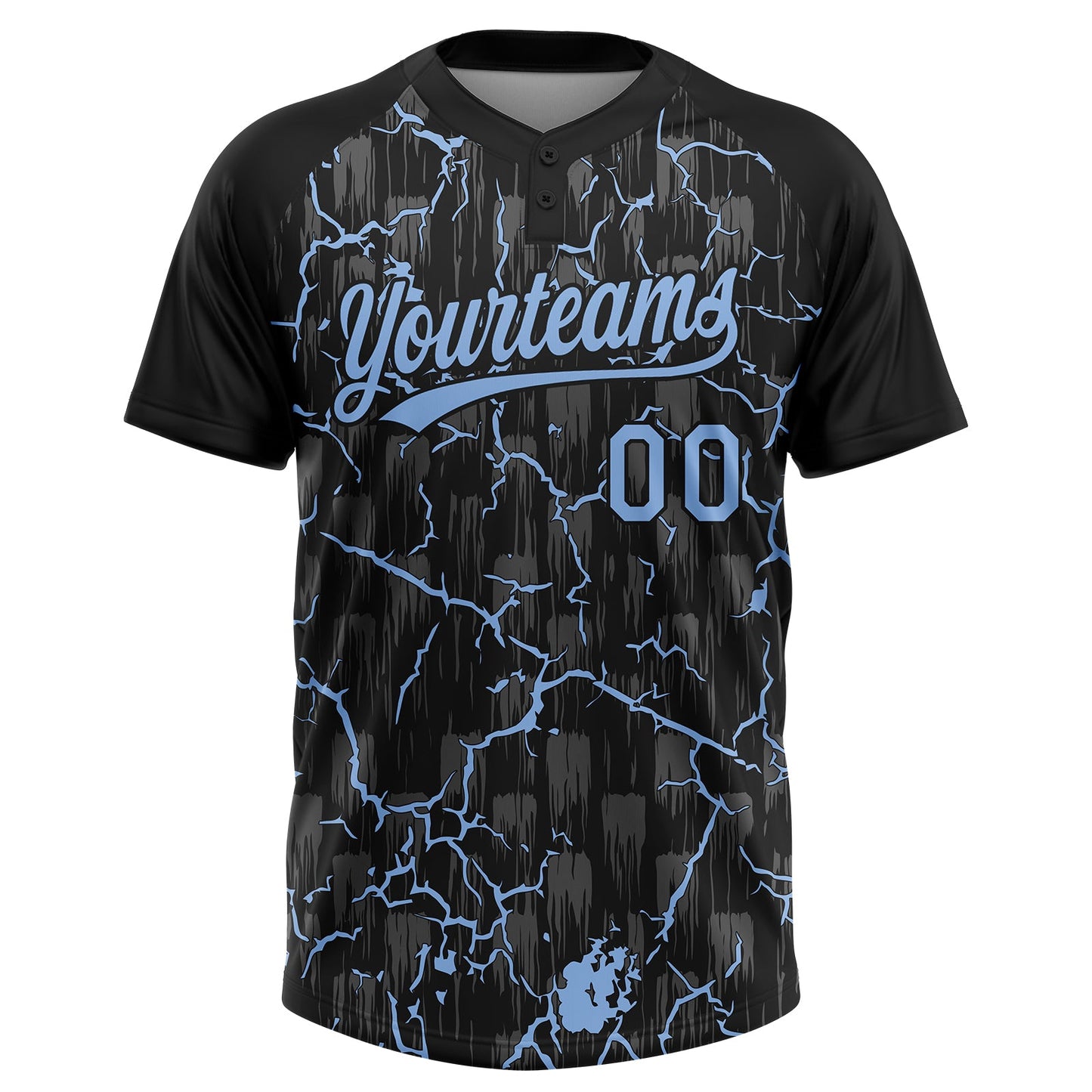 Custom Black Light Blue-Gray Raglan Sleeves Neon Lightning Crackle Two-Button Unisex Softball Jersey view 2