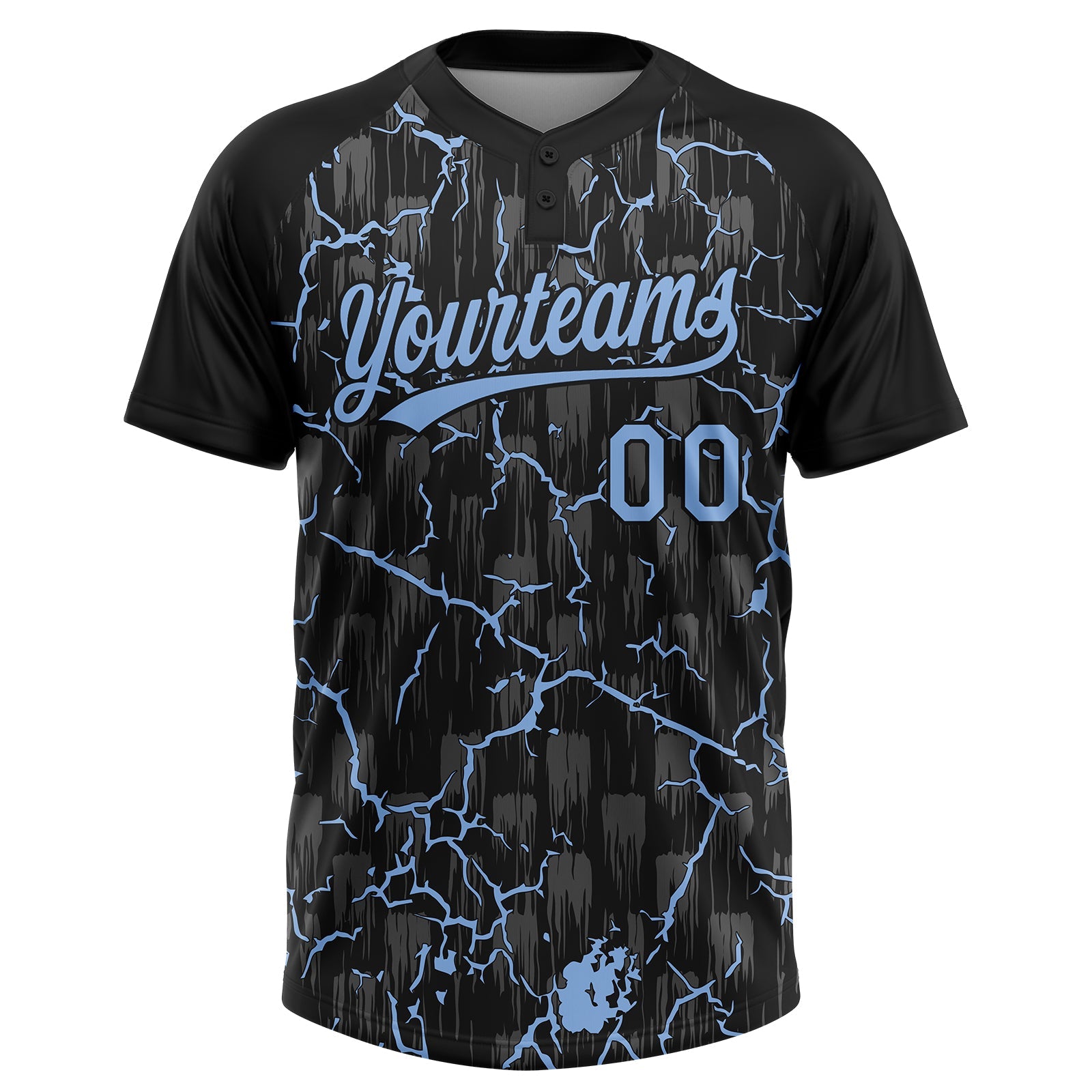 Custom Black Light Blue-Gray Raglan Sleeves Neon Lightning Crackle Two-Button Unisex Softball Jersey view 2