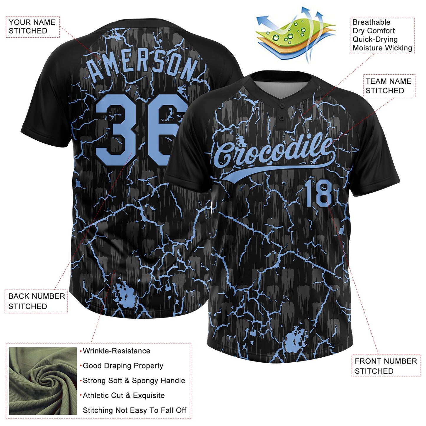 Custom Black Light Blue-Gray Raglan Sleeves Neon Lightning Crackle Two-Button Unisex Softball Jersey view 3