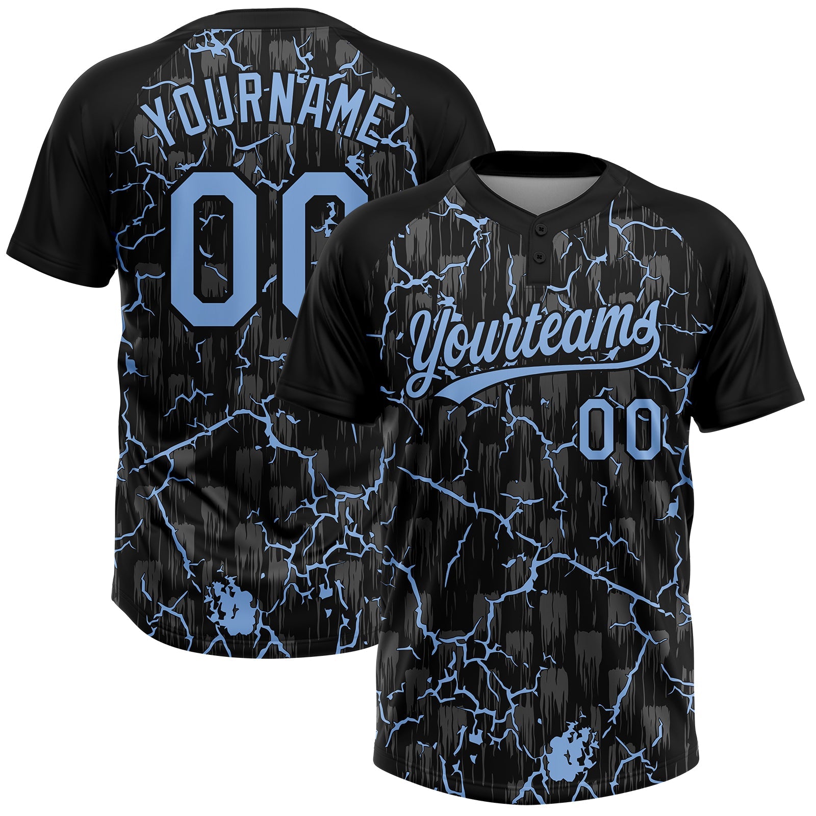 Custom Black Light Blue-Gray Raglan Sleeves Neon Lightning Crackle Two-Button Unisex Softball Jersey - Main View