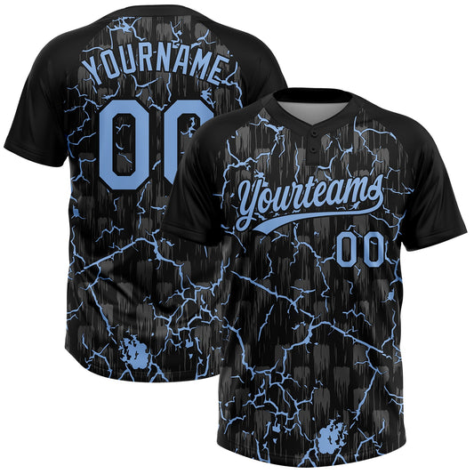 Custom Black Light Blue-Gray Raglan Sleeves Neon Lightning Crackle Two-Button Unisex Softball Jersey - Main View
