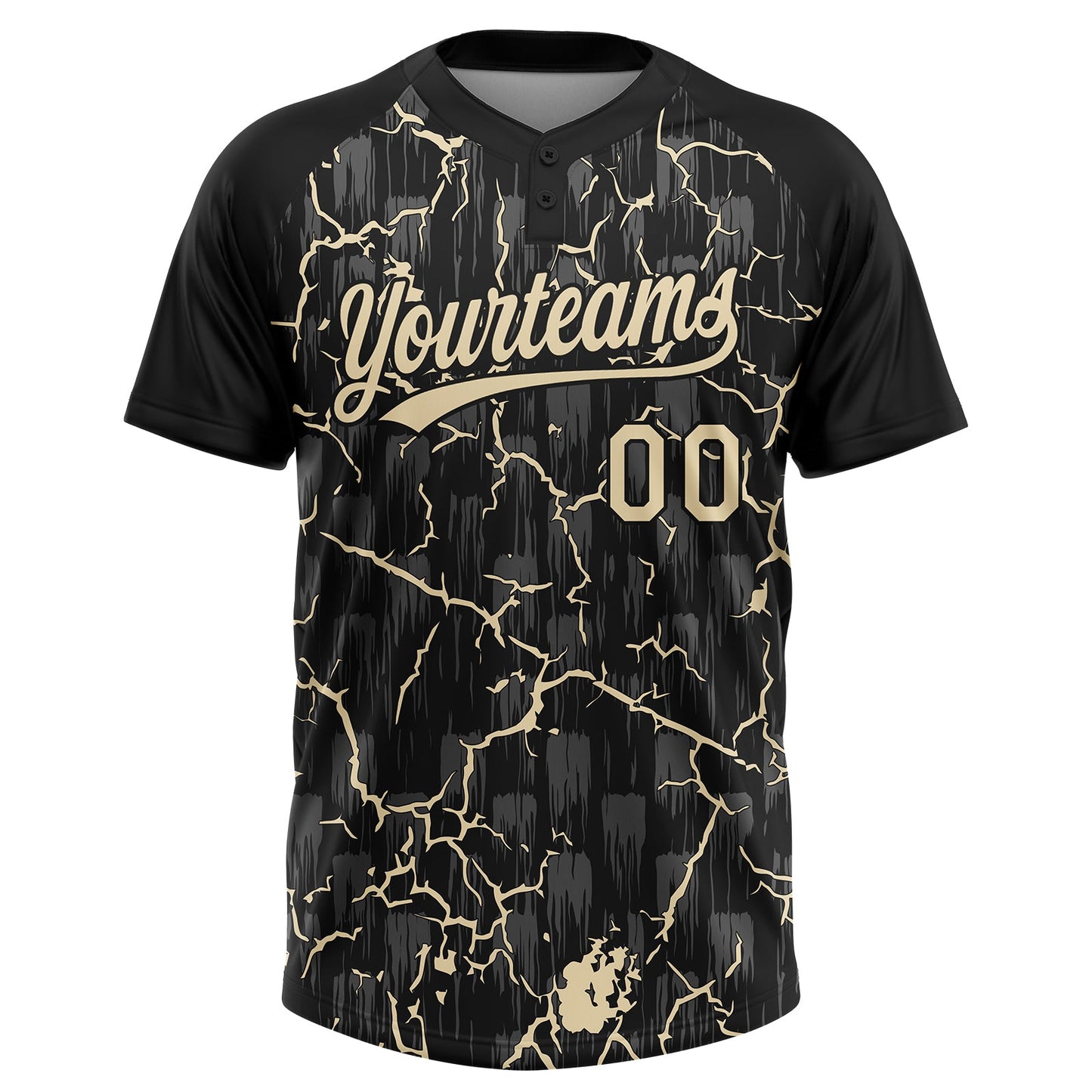 Custom Black Cream Cream-Gray Raglan Sleeves Neon Lightning Crackle Two-Button Unisex Softball Jersey view 2