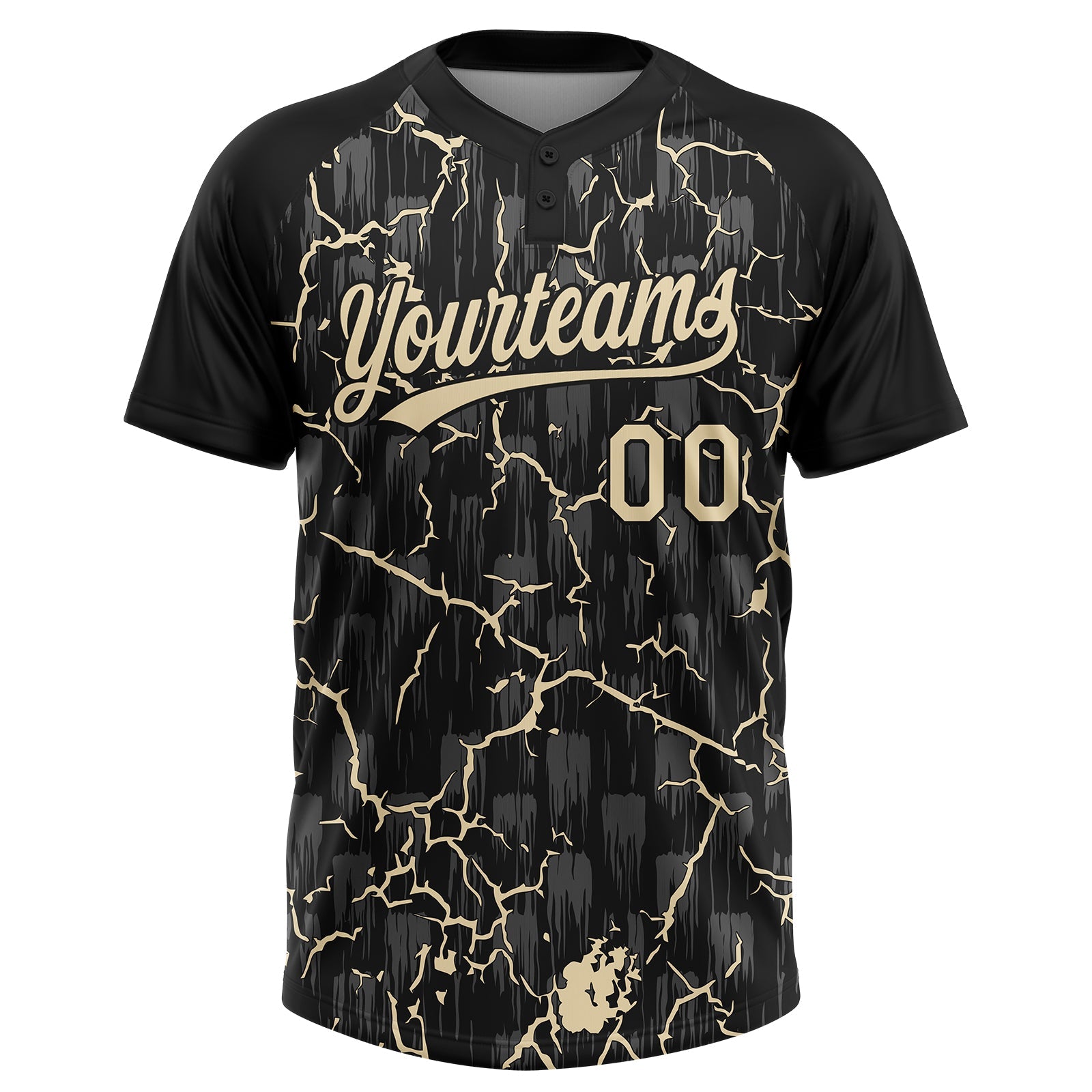 Custom Black Cream Cream-Gray Raglan Sleeves Neon Lightning Crackle Two-Button Unisex Softball Jersey view 2