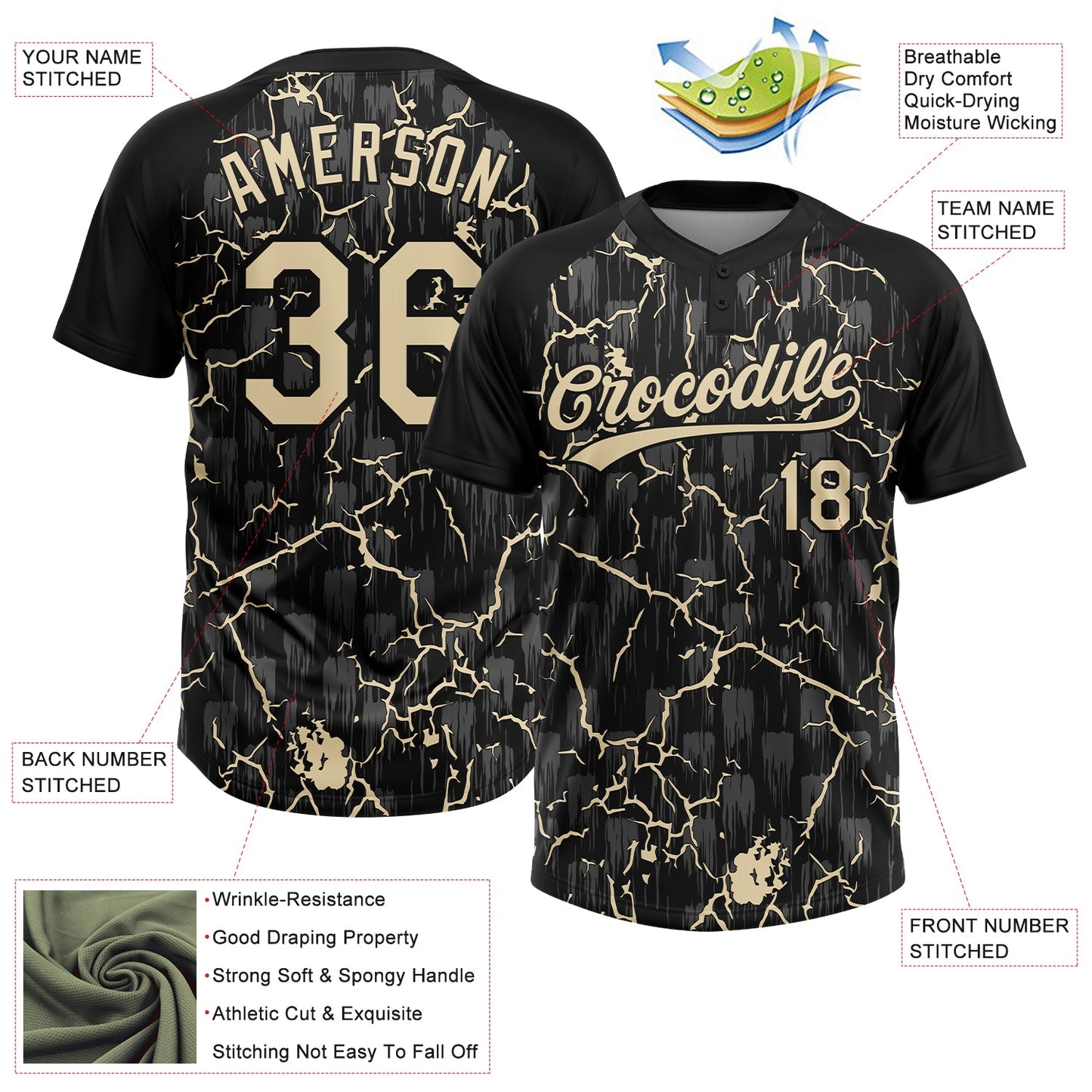 Custom Black Cream Cream-Gray Raglan Sleeves Neon Lightning Crackle Two-Button Unisex Softball Jersey view 3