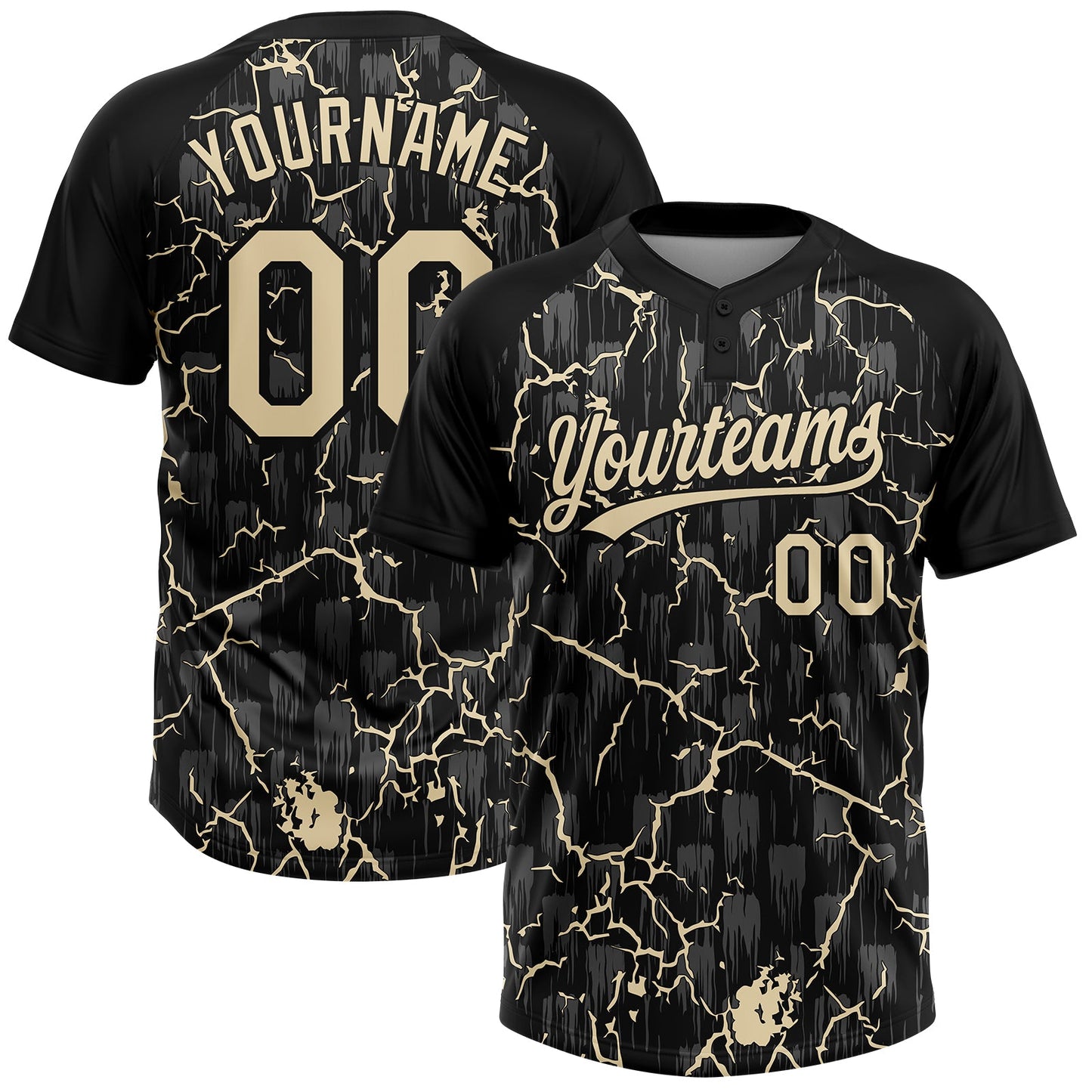 Custom Black Cream Cream-Gray Raglan Sleeves Neon Lightning Crackle Two-Button Unisex Softball Jersey - Main View