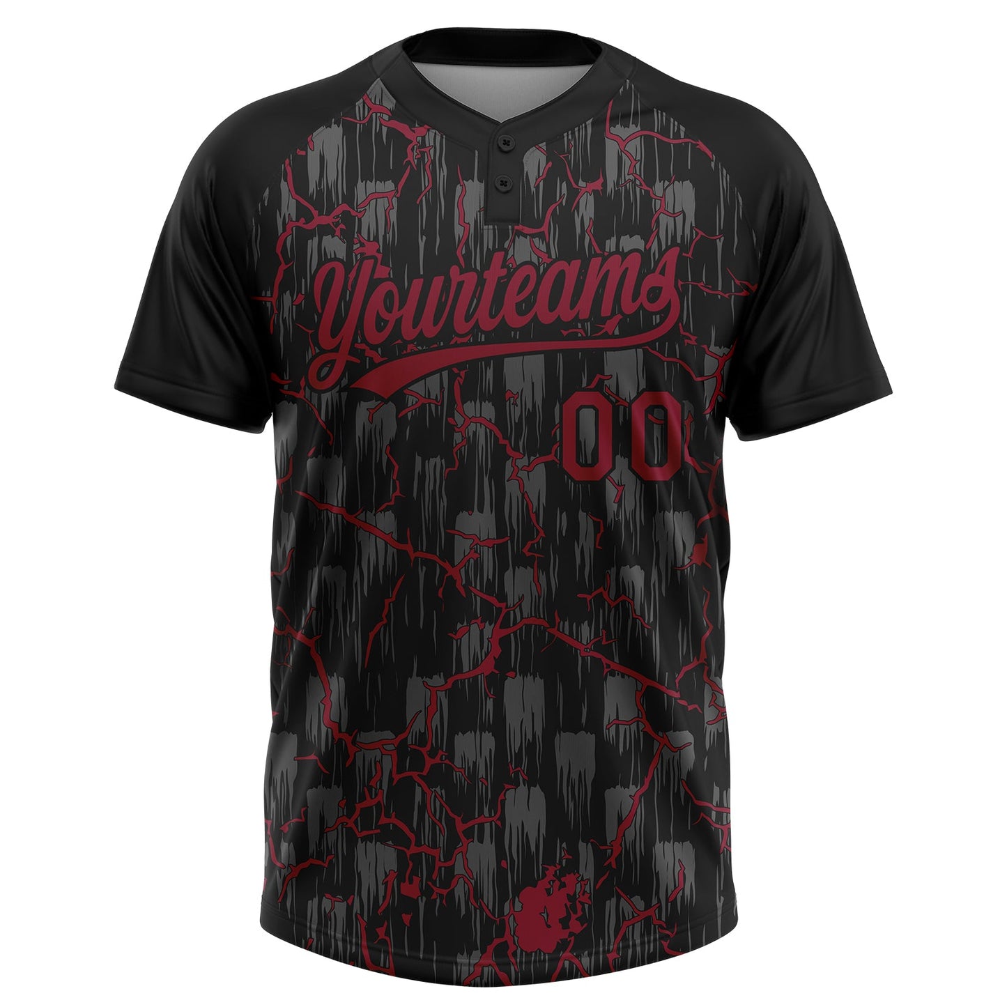 Custom Black Crimson-Gray Raglan Sleeves Neon Lightning Crackle Two-Button Unisex Softball Jersey view 2