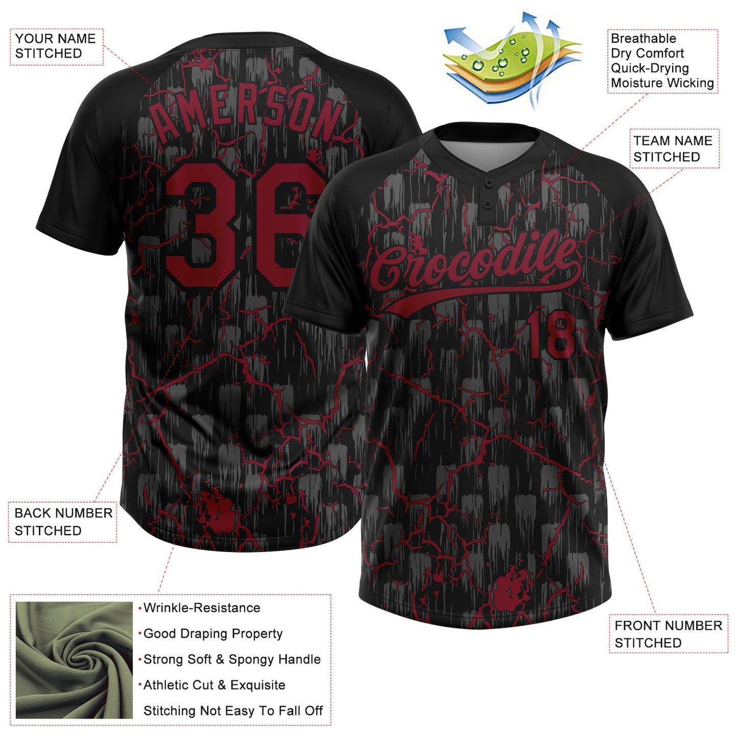 Custom Black Crimson-Gray Raglan Sleeves Neon Lightning Crackle Two-Button Unisex Softball Jersey view 3