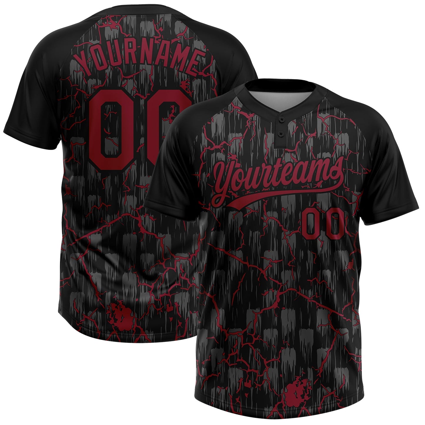 Custom Black Crimson-Gray Raglan Sleeves Neon Lightning Crackle Two-Button Unisex Softball Jersey - Main View
