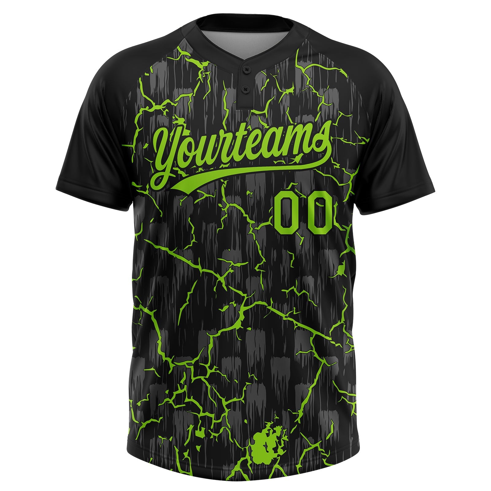Custom Black Neon Green-Gray Raglan Sleeves Neon Lightning Crackle Two-Button Unisex Softball Jersey view 2