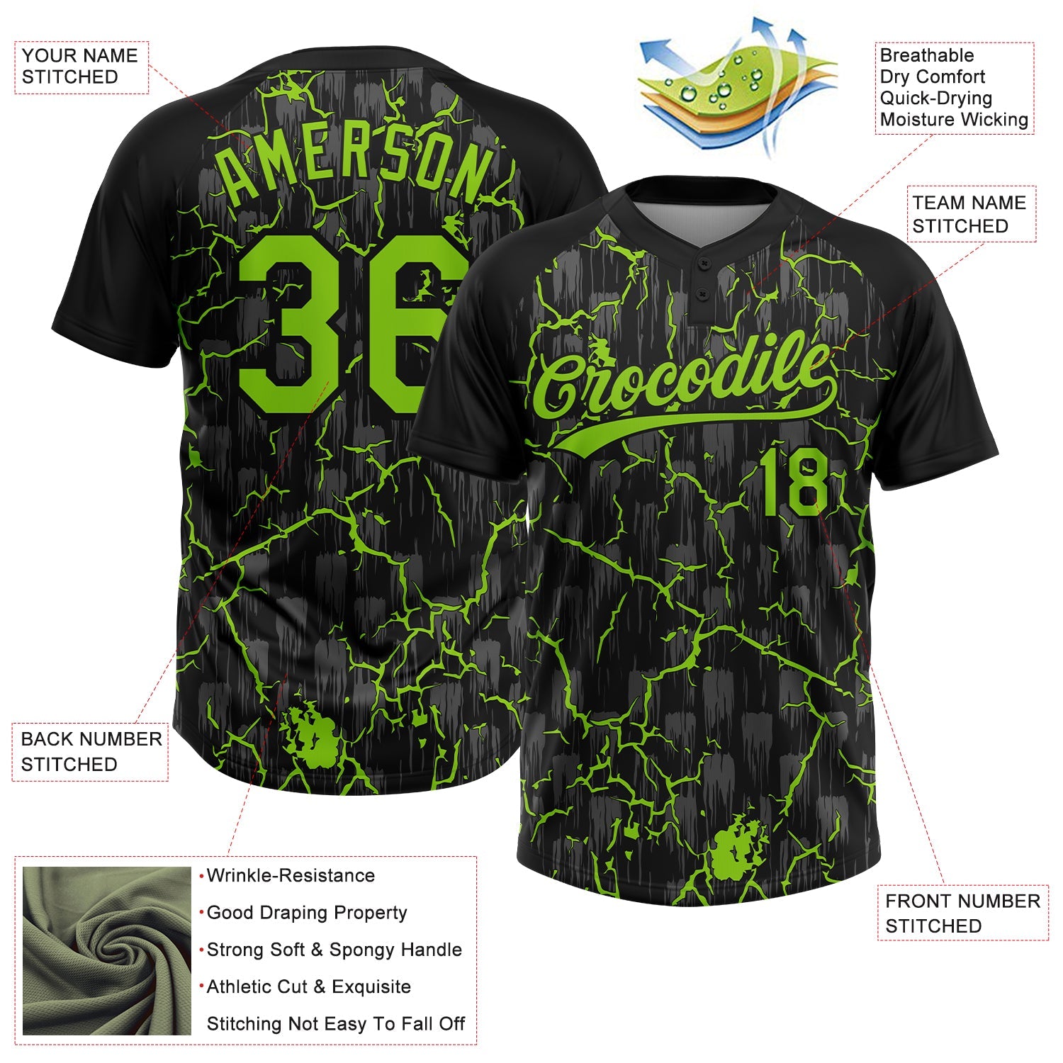 Custom Black Neon Green-Gray Raglan Sleeves Neon Lightning Crackle Two-Button Unisex Softball Jersey view 3