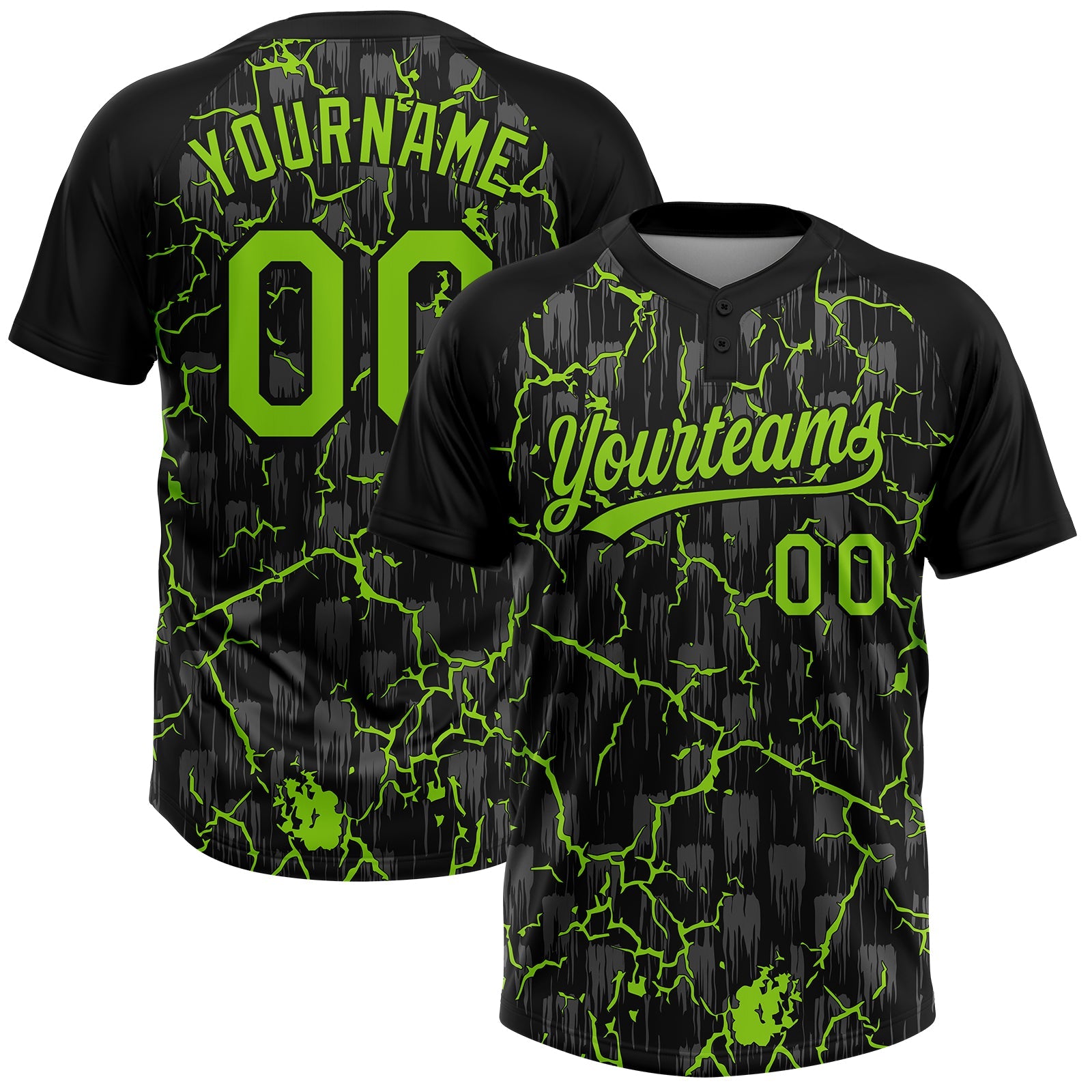 Custom Black Neon Green-Gray Raglan Sleeves Neon Lightning Crackle Two-Button Unisex Softball Jersey - Main View