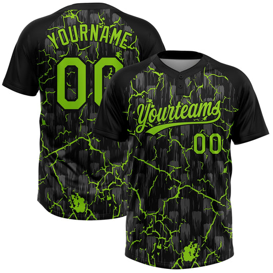 Custom Black Neon Green-Gray Raglan Sleeves Neon Lightning Crackle Two-Button Unisex Softball Jersey - Main View
