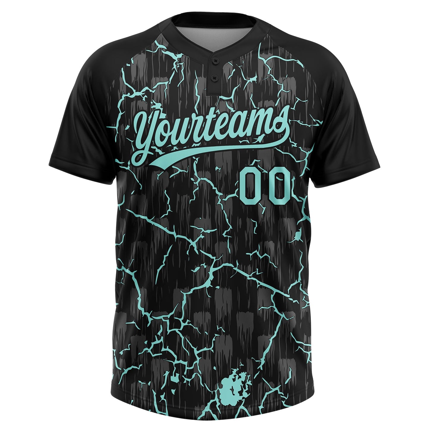 Custom Black Ice Blue-Gray Raglan Sleeves Neon Lightning Crackle Two-Button Unisex Softball Jersey view 2