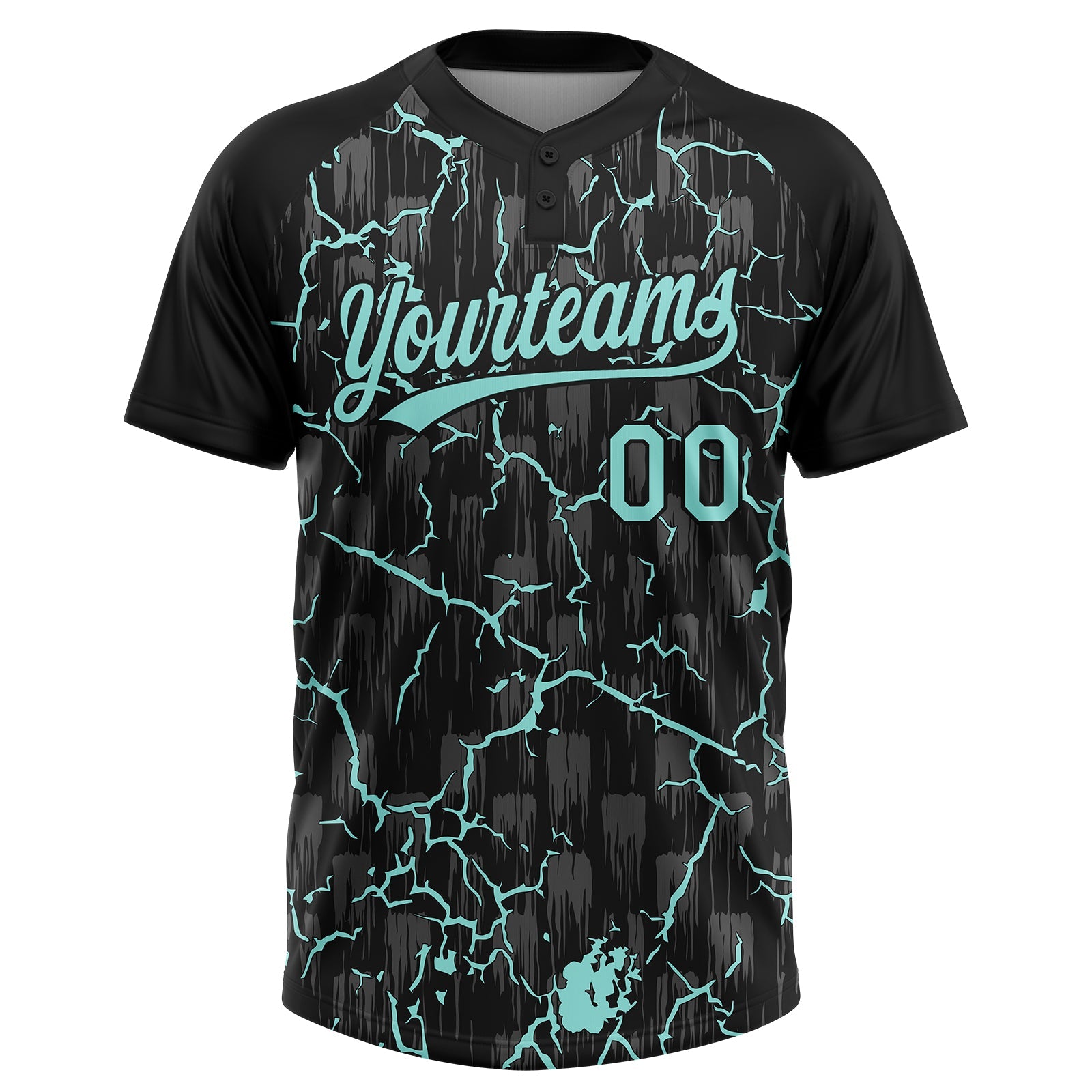Custom Black Ice Blue-Gray Raglan Sleeves Neon Lightning Crackle Two-Button Unisex Softball Jersey view 2